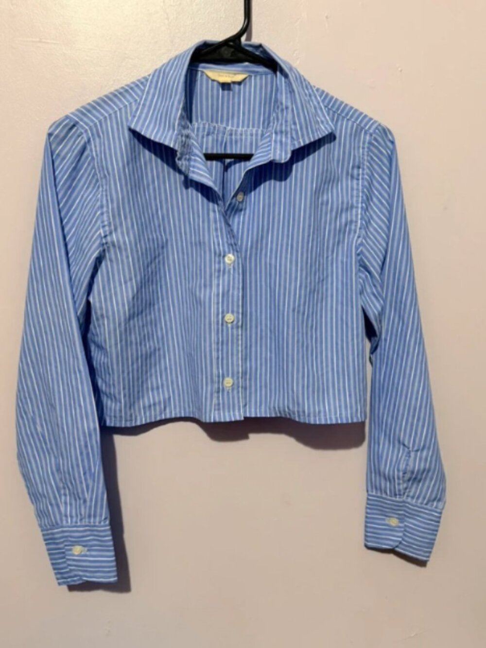 Sim & Sam Cropped Blue Stripe Button-Up Shirt